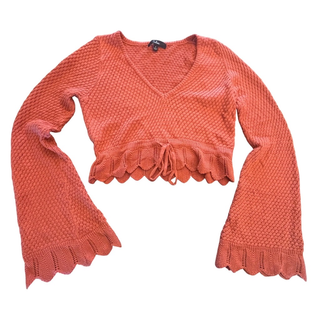 Lulus Coral Orange Scalloped Crop Knit Sweater Bell Sleeve V-Neck Small